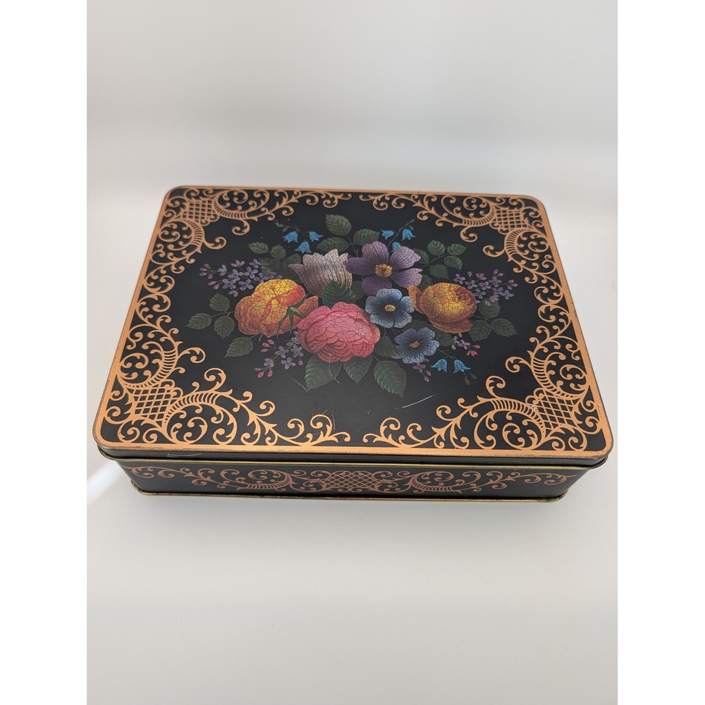 Vintage Made in England Floral Metal Tin Hinged Lid Black Gold Filigree 9x7x2